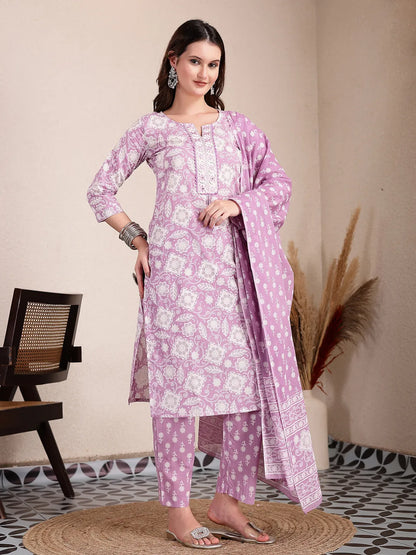 Purple Ethnic Motifs Print Straight Kurta Trouser Dupatta Set