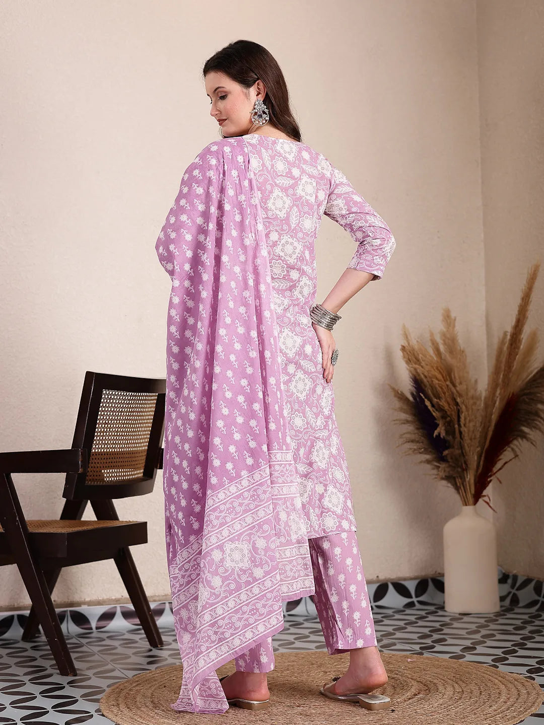 Purple Ethnic Motifs Print Straight Kurta Trouser Dupatta Set