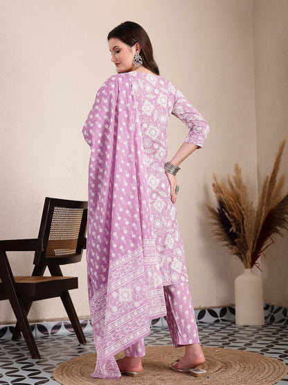 Purple Ethnic Motifs Print Straight Kurta Trouser Dupatta Set