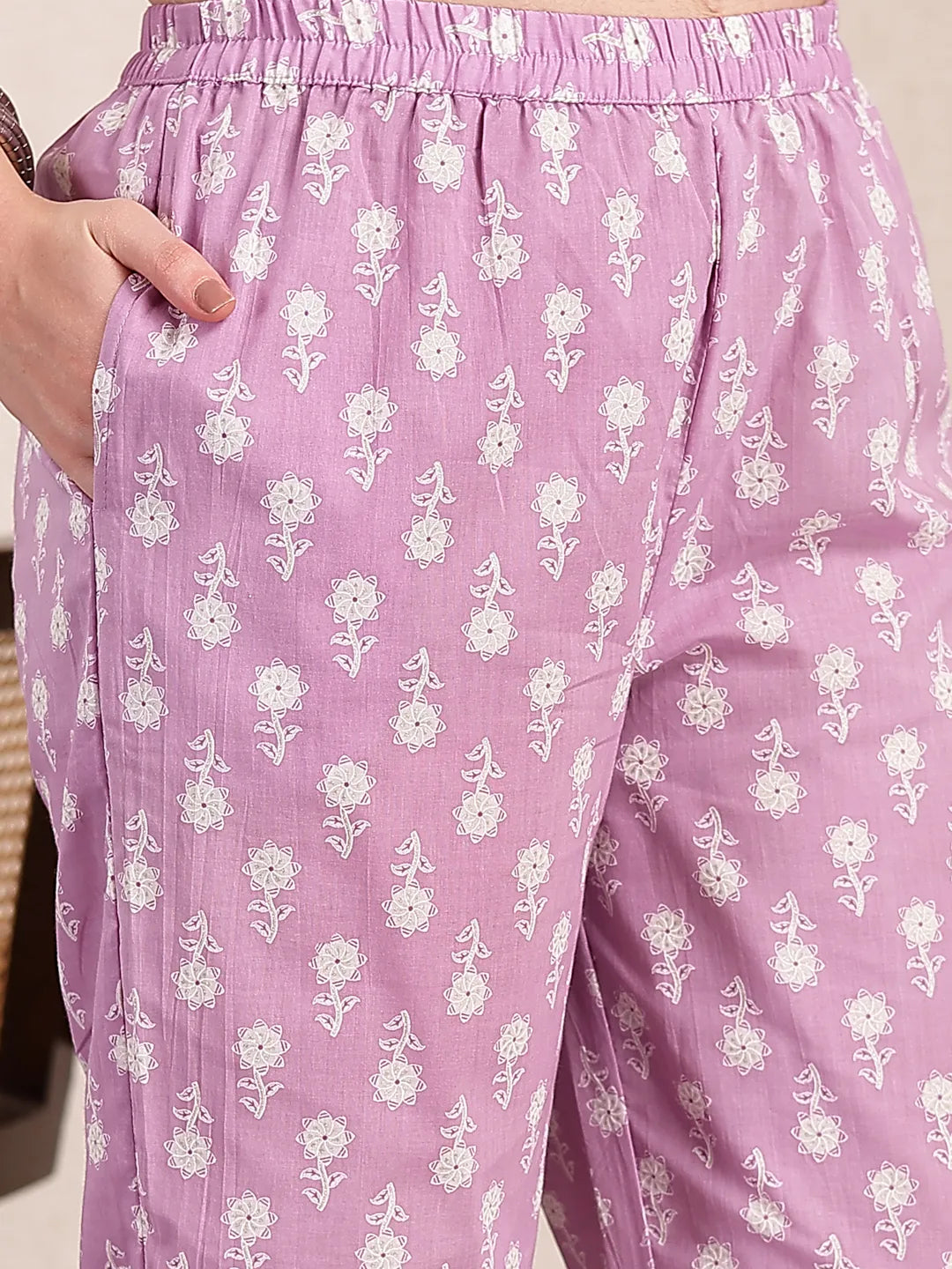 Purple Ethnic Motifs Print Straight Kurta Trouser Dupatta Set