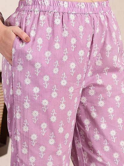 Purple Ethnic Motifs Print Straight Kurta Trouser Dupatta Set