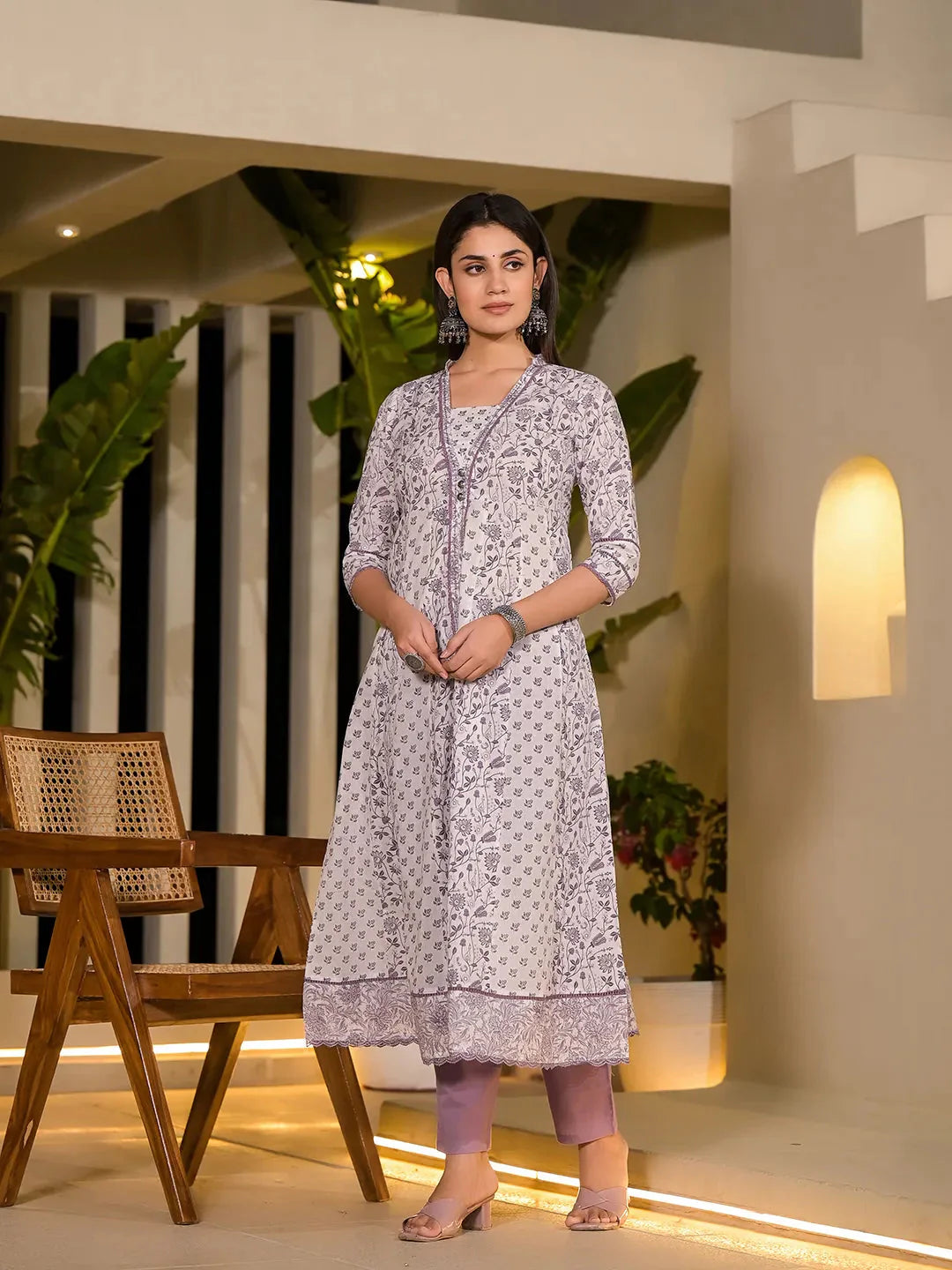 Purple Floral Print A Line Kurta And Trouser Set