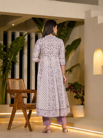 Purple Floral Print A Line Kurta And Trouser Set