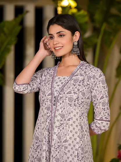 Purple Floral Print A Line Kurta And Trouser Set