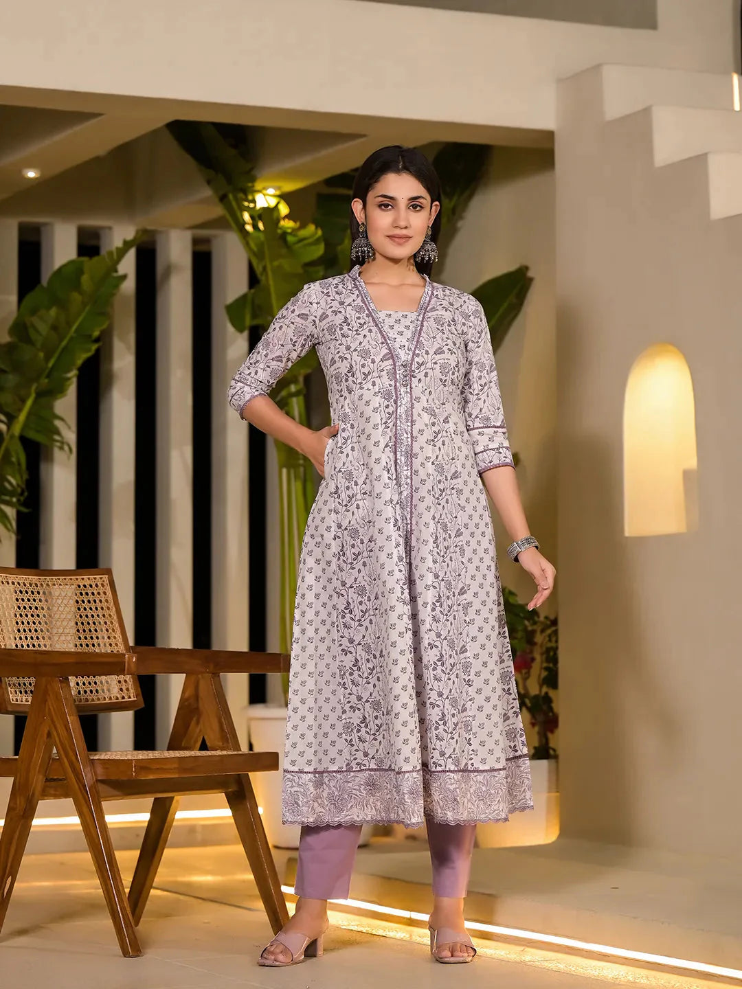 Purple Floral Print A Line Kurta And Trouser Set