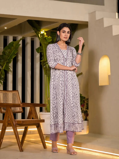 Purple Floral Print A Line Kurta And Trouser Set