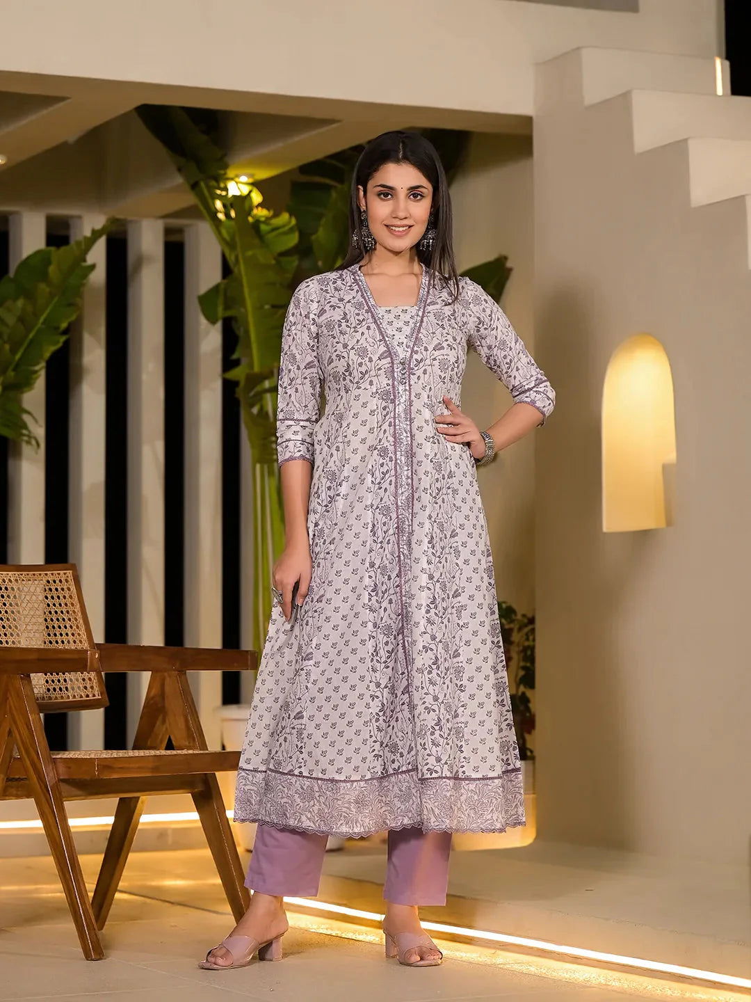 Purple Floral Print A Line Kurta And Trouser Set