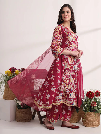 Purple Floral Print A-Line Kurta Trouser And Dupatta Set