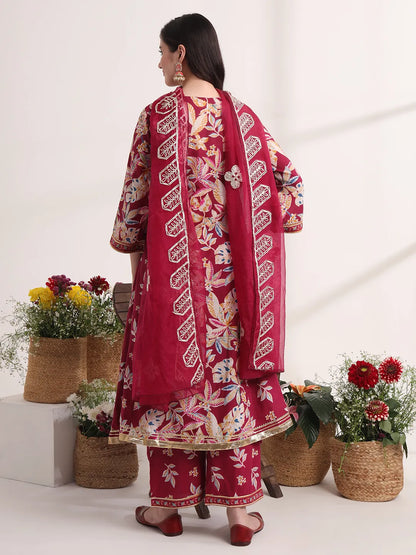 Purple Floral Print A-Line Kurta Trouser And Dupatta Set