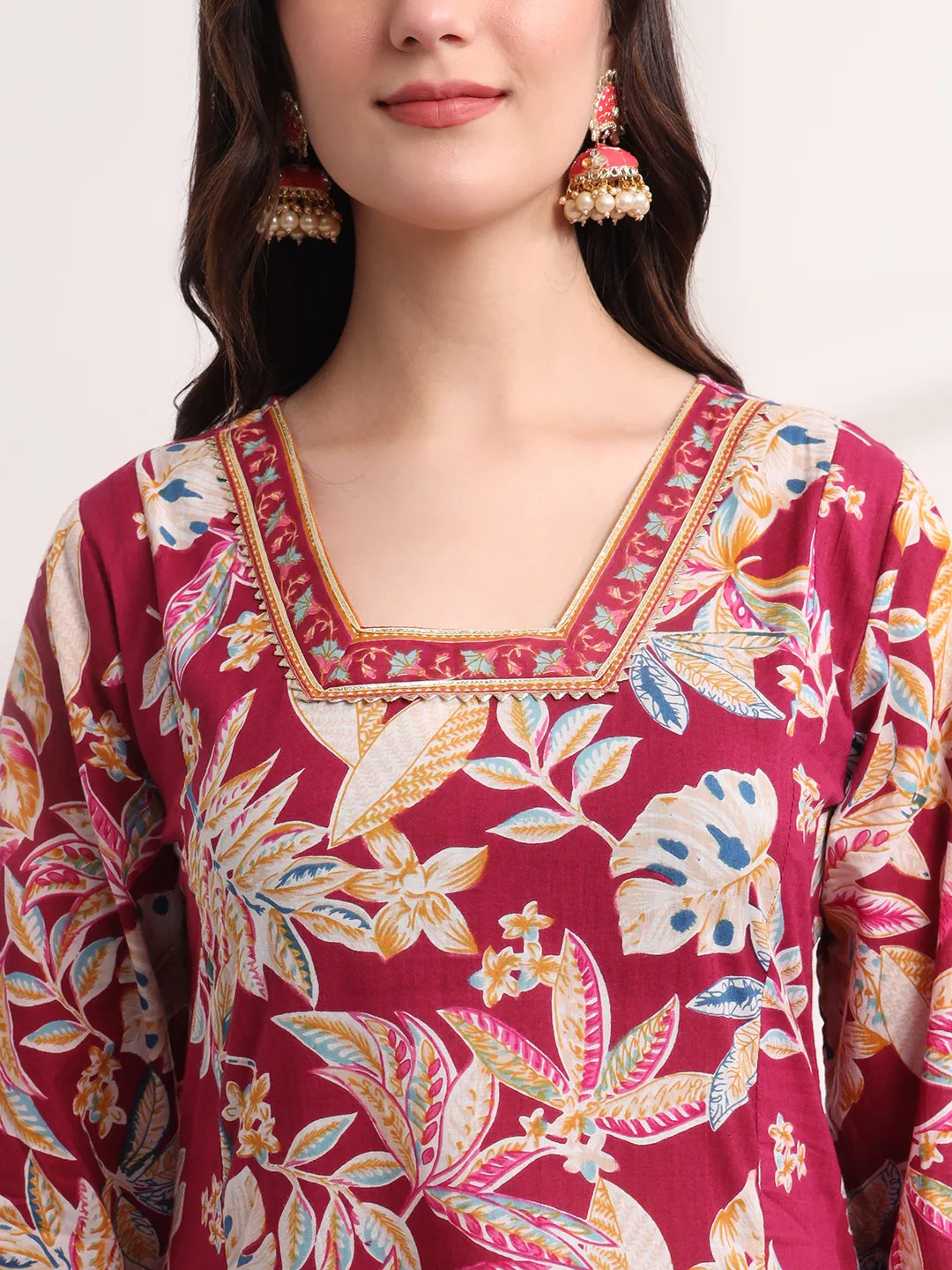 Purple Floral Print A-Line Kurta Trouser And Dupatta Set