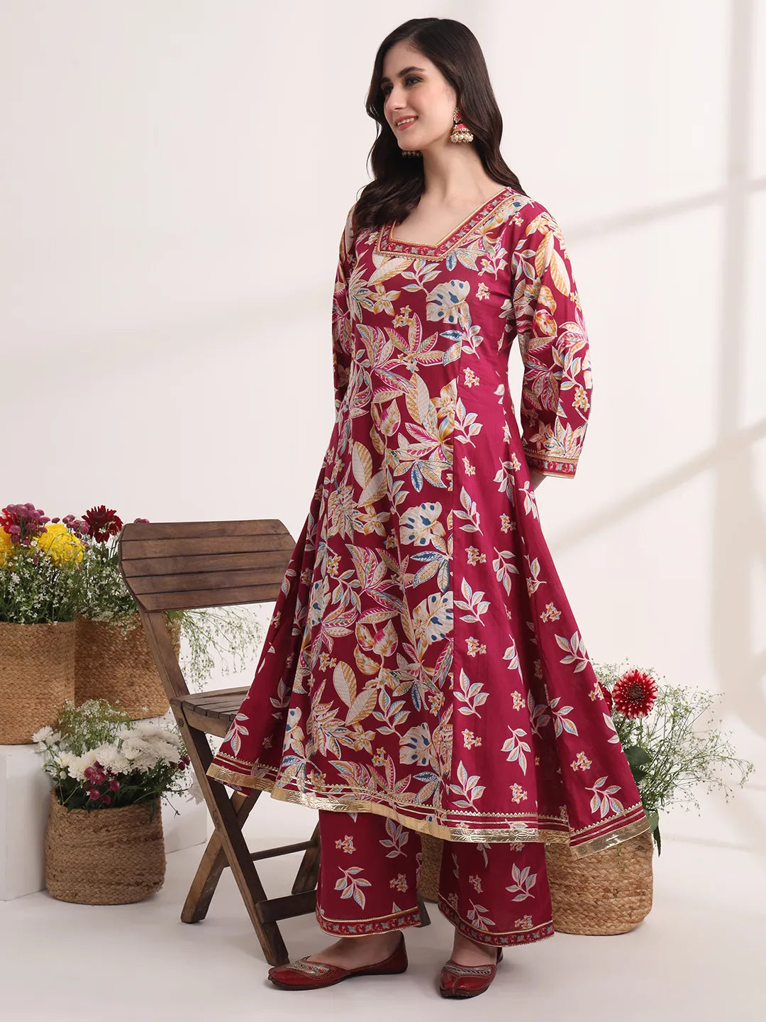 Purple Floral Print A-Line Kurta Trouser And Dupatta Set