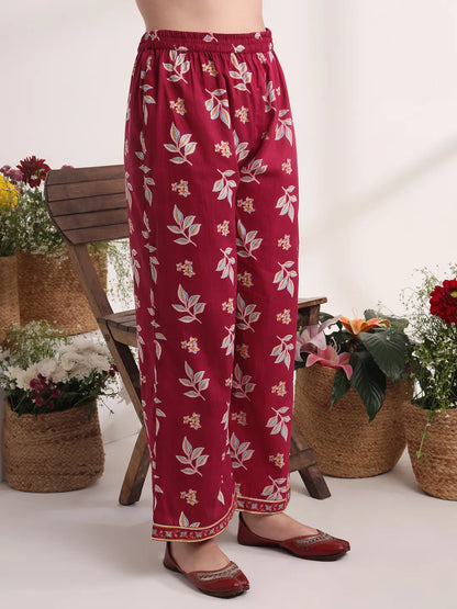 Purple Floral Print A-Line Kurta Trouser And Dupatta Set