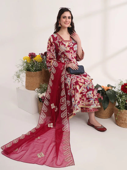 Purple Floral Print A-Line Kurta Trouser And Dupatta Set