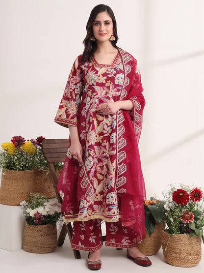 Purple Floral Print A-Line Kurta Trouser And Dupatta Set