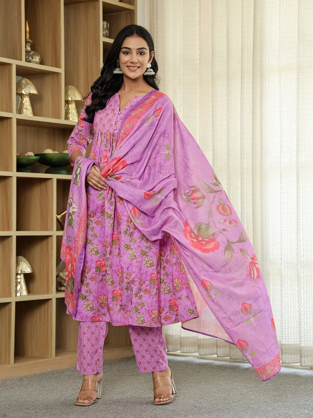 Purple Floral Print Aline Kurta Trouser Dupatta Set