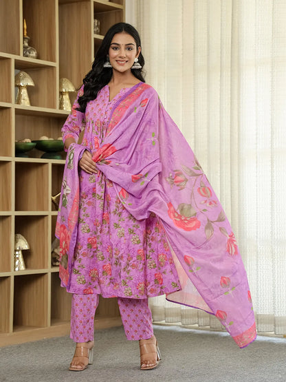 Purple Floral Print Aline Kurta Trouser Dupatta Set
