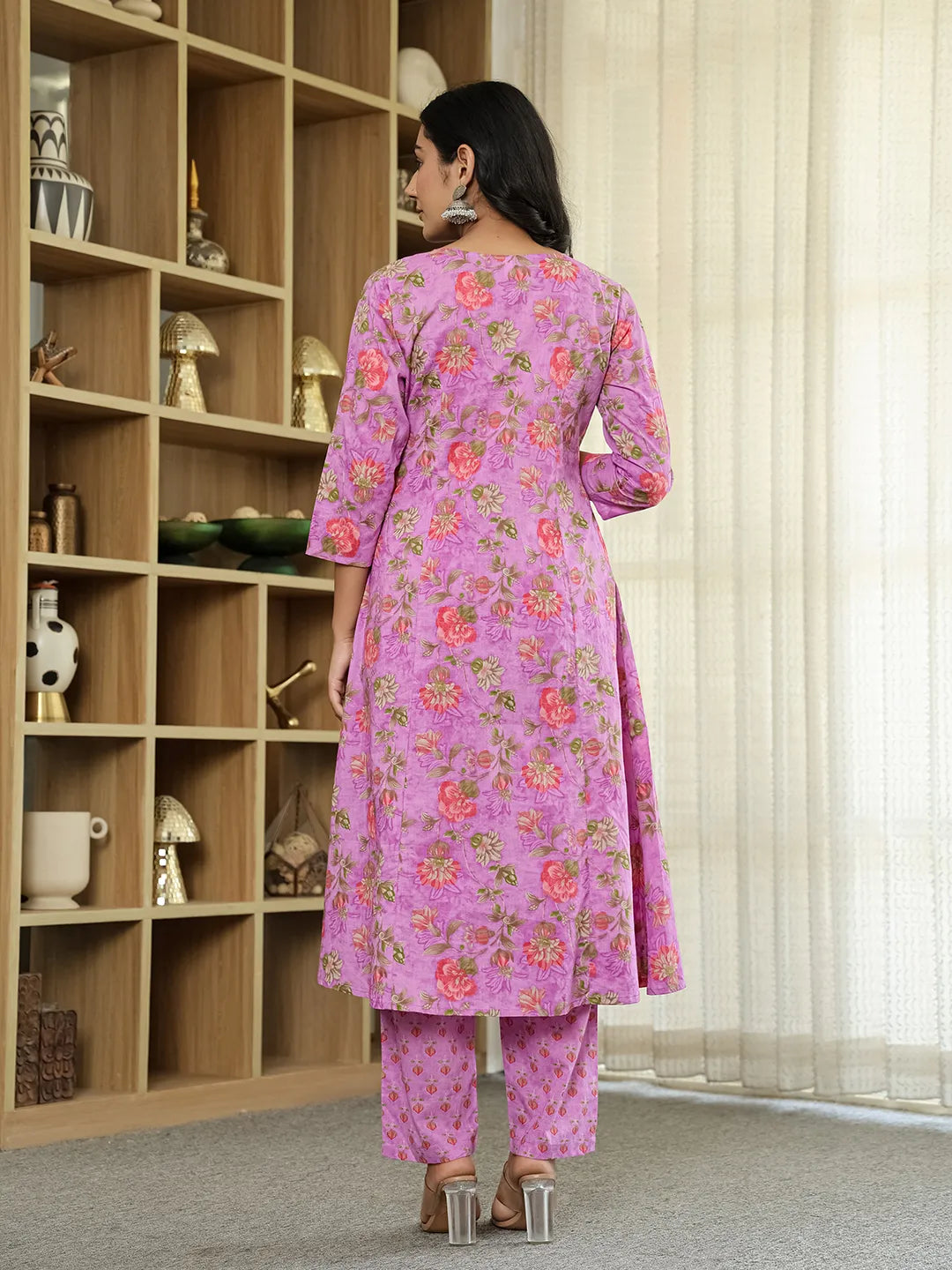 Purple Floral Print Aline Kurta Trouser Dupatta Set