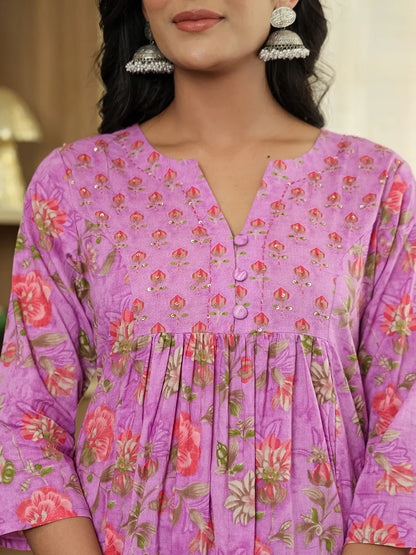 Purple Floral Print Aline Kurta Trouser Dupatta Set