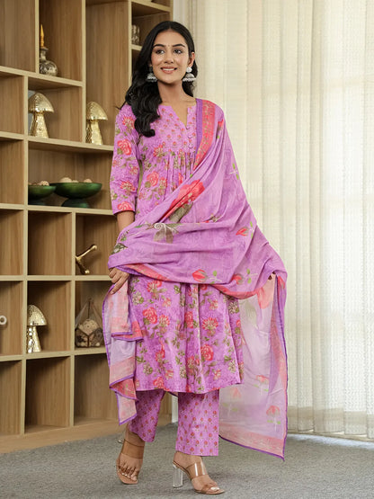 Purple Floral Print Aline Kurta Trouser Dupatta Set