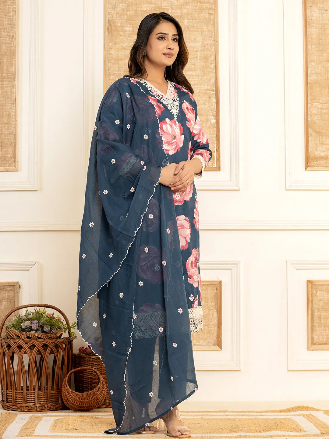 Purple Floral Print Cotton Straight Side Slits Kurta And Trouser With Dupatta Set