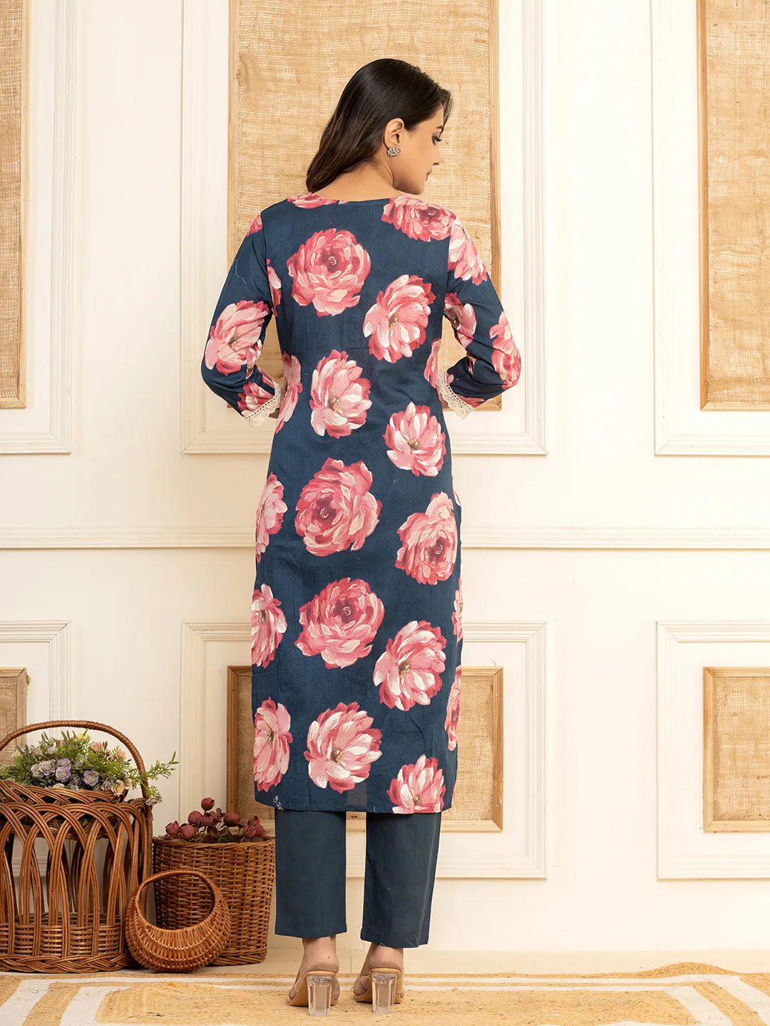 Purple Floral Print Cotton Straight Side Slits Kurta And Trouser With Dupatta Set