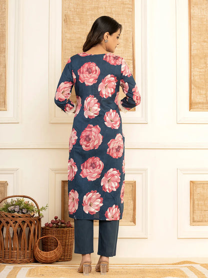 Purple Floral Print Cotton Straight Side Slits Kurta And Trouser With Dupatta Set