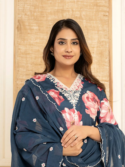 Purple Floral Print Cotton Straight Side Slits Kurta And Trouser With Dupatta Set