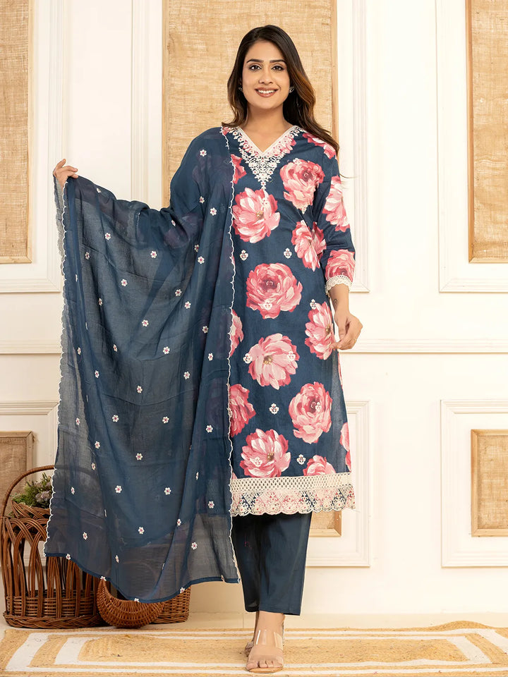 Purple Floral Print Cotton Straight Side Slits Kurta And Trouser With Dupatta Set