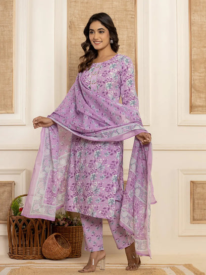 Purple Floral Print Cotton Straight Style Kurta And Trousers With Dupatta Set