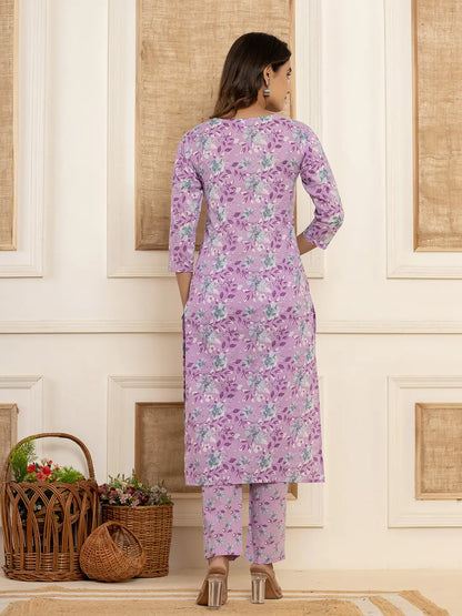 Purple Floral Print Cotton Straight Style Kurta And Trousers With Dupatta Set