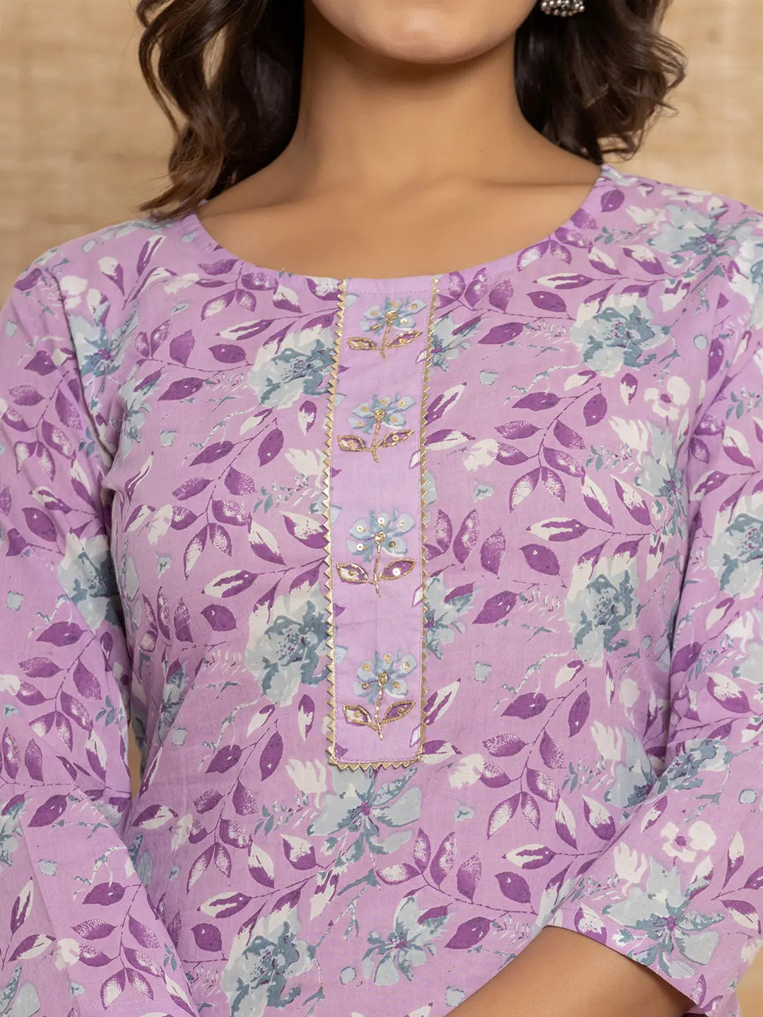 Purple Floral Print Cotton Straight Style Kurta And Trousers With Dupatta Set