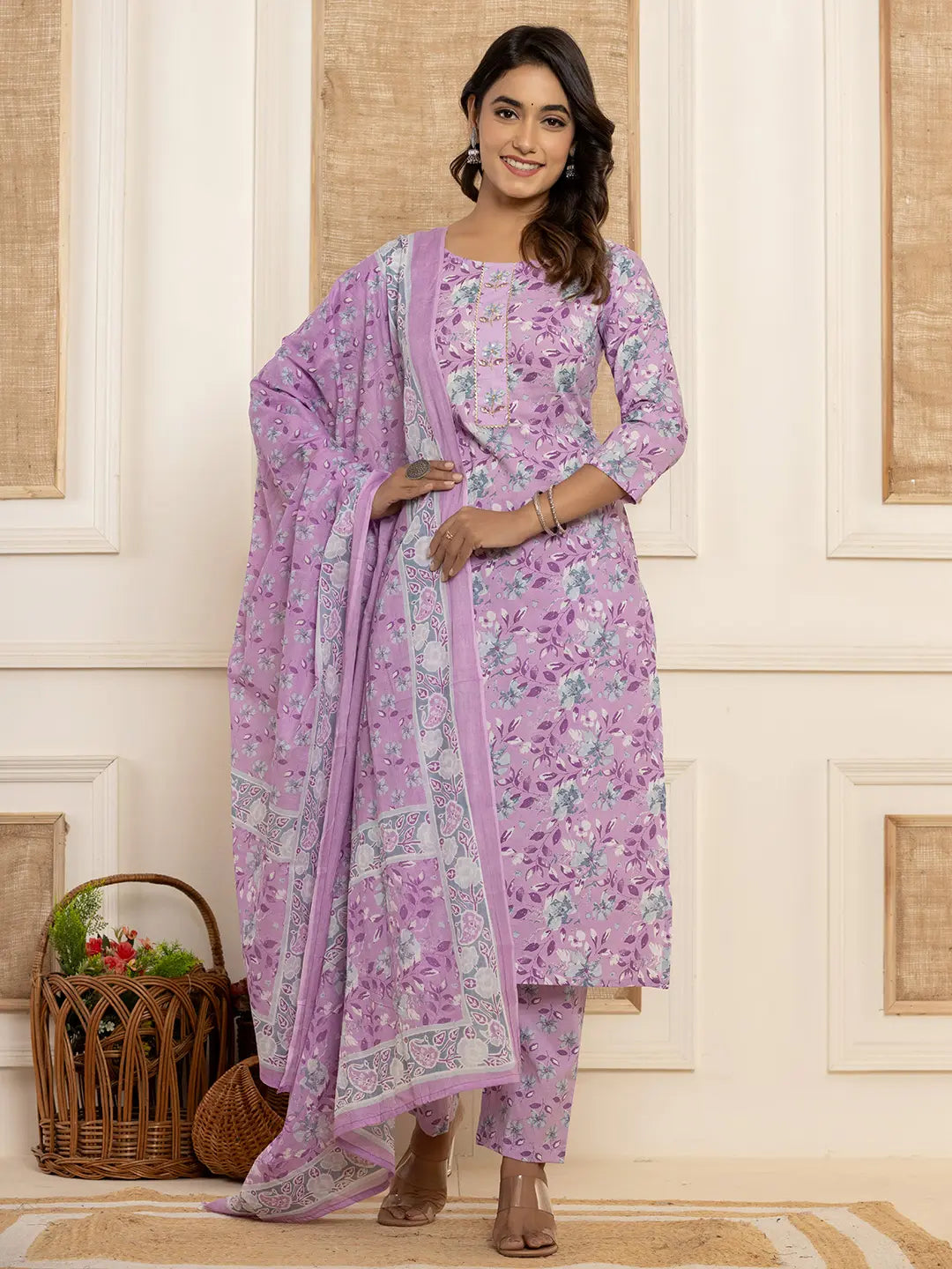 Purple Floral Print Cotton Straight Style Kurta And Trousers With Dupatta Set