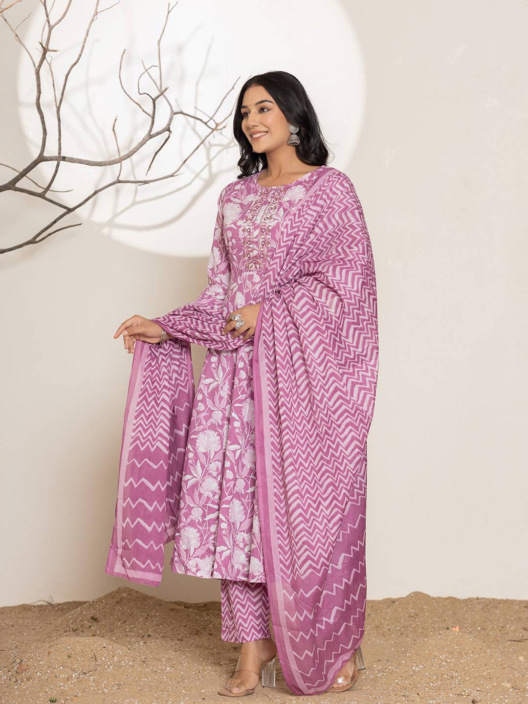 Purple Floral Print Embroidery Cotton Anarkali Suit Set
