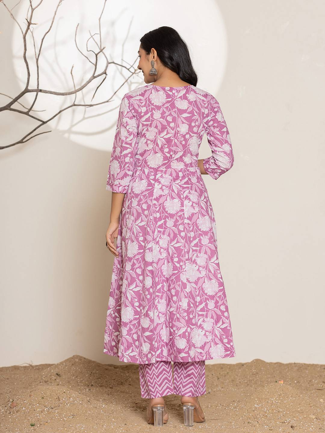 Purple Floral Print Embroidery Cotton Anarkali Suit Set