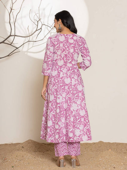 Purple Floral Print Embroidery Cotton Anarkali Suit Set