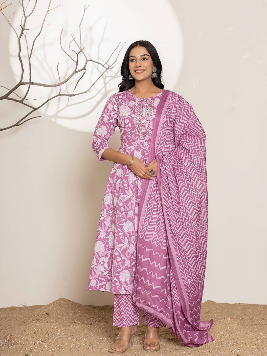 Purple Floral Print Embroidery Cotton Anarkali Suit Set