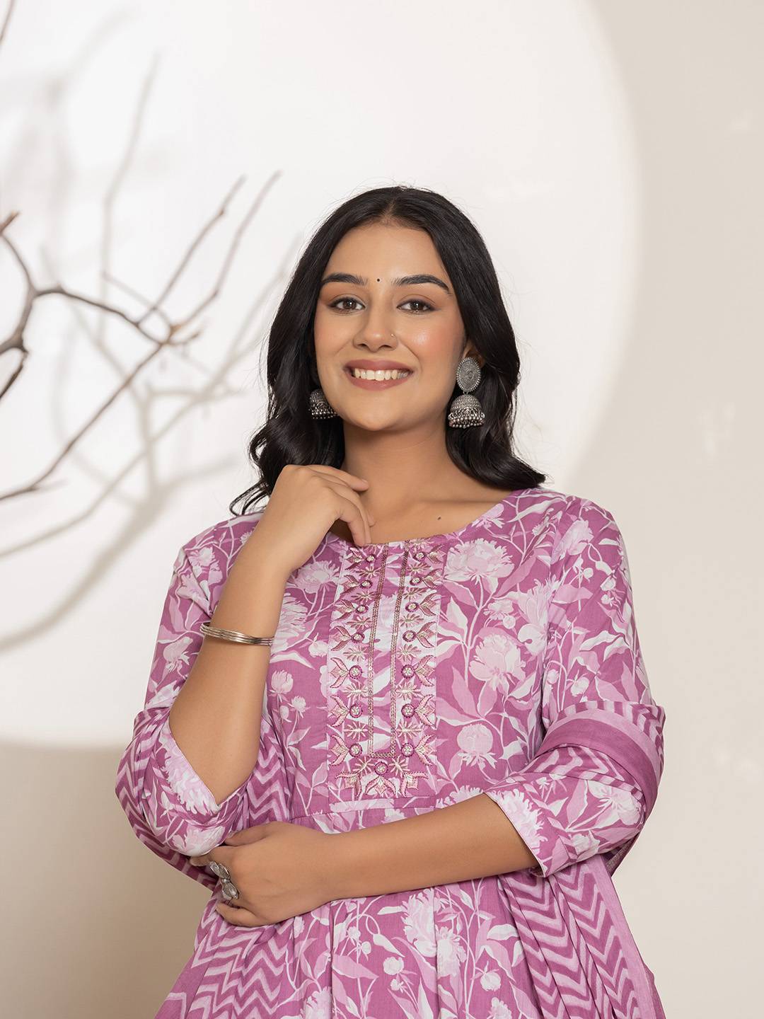 Purple Floral Print Embroidery Cotton Anarkali Suit Set