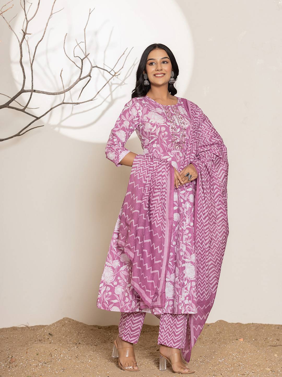 Purple Floral Print Embroidery Cotton Anarkali Suit Set