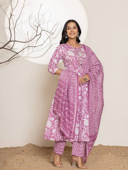 Purple Floral Print Embroidery Cotton Anarkali Suit Set