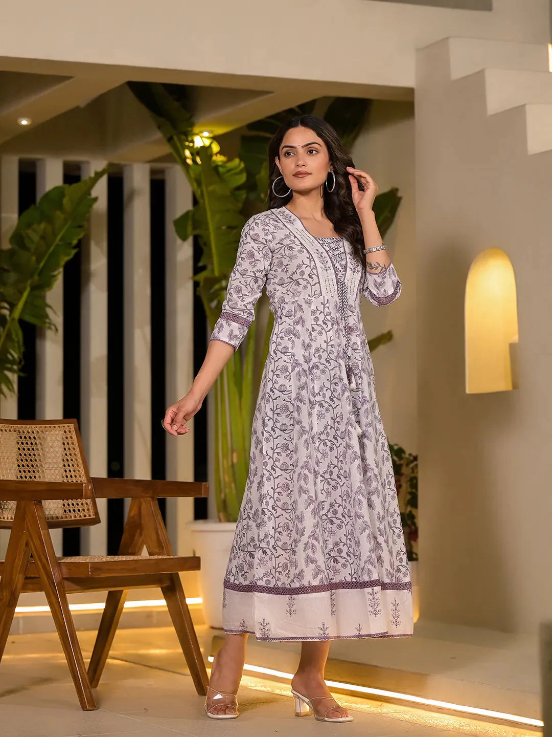 Purple Floral Print Kantha Work A Line Dori Work Dress