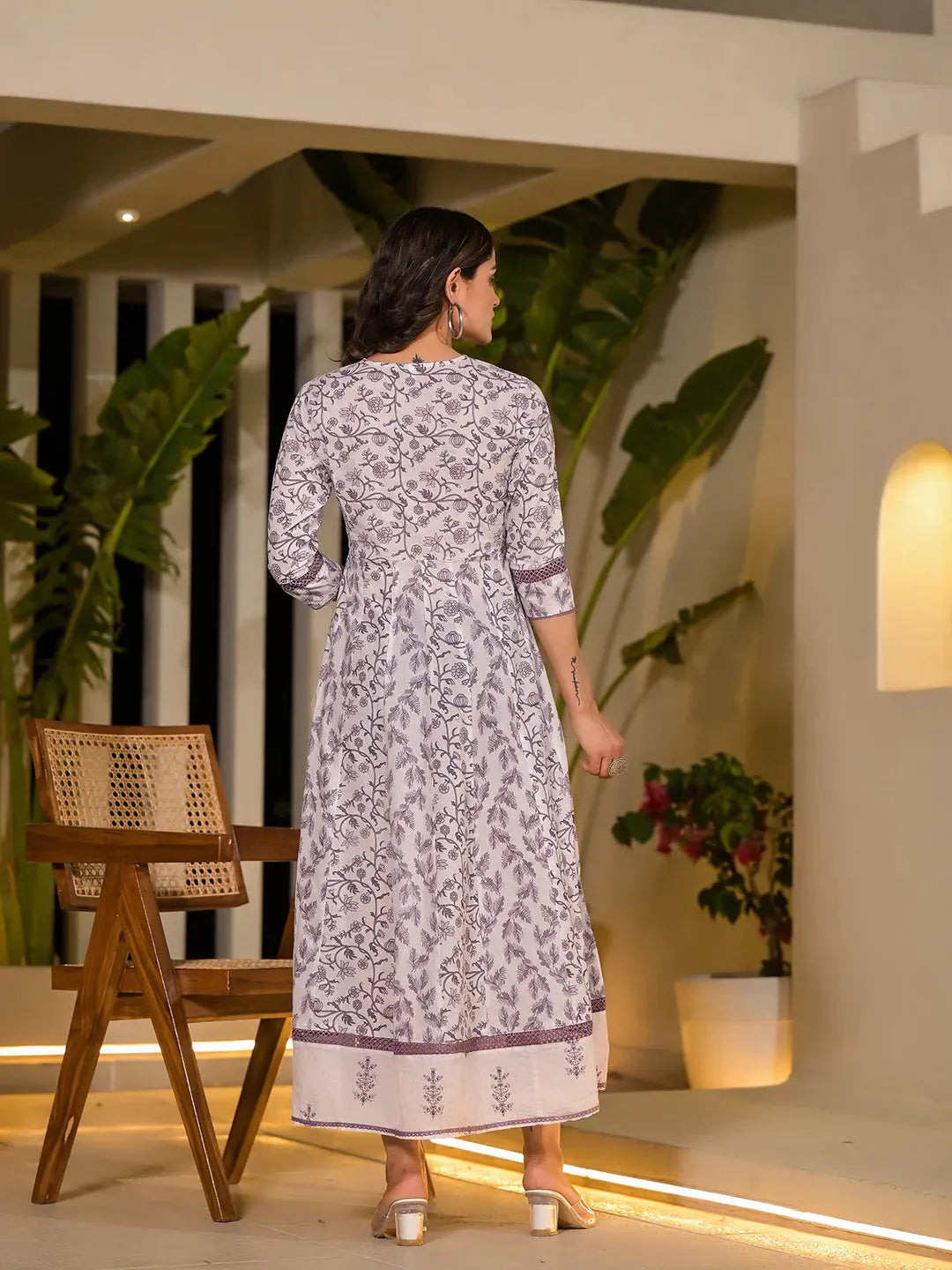 Purple Floral Print Kantha Work A Line Dori Work Dress