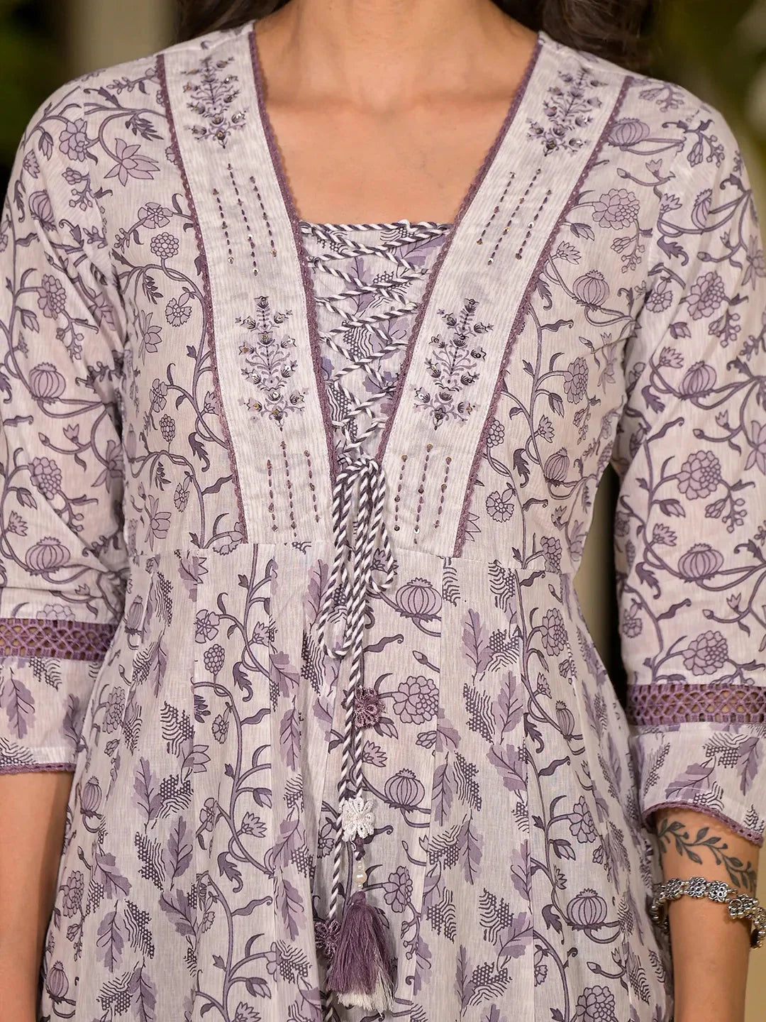 Purple Floral Print Kantha Work A Line Dori Work Dress