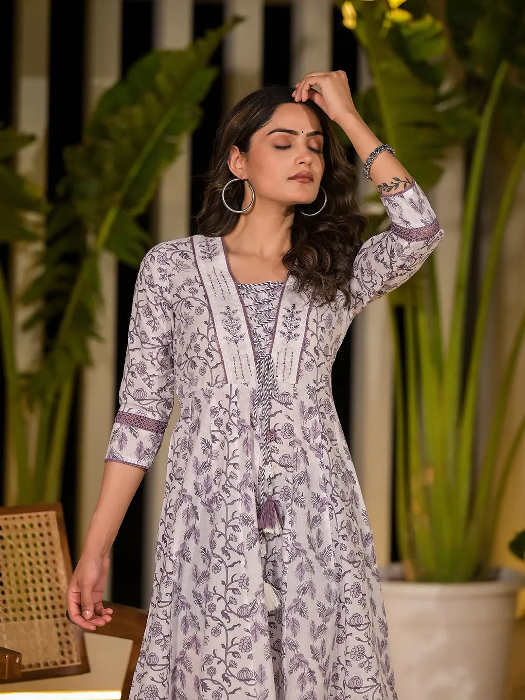 Purple Floral Print Kantha Work A Line Dori Work Dress
