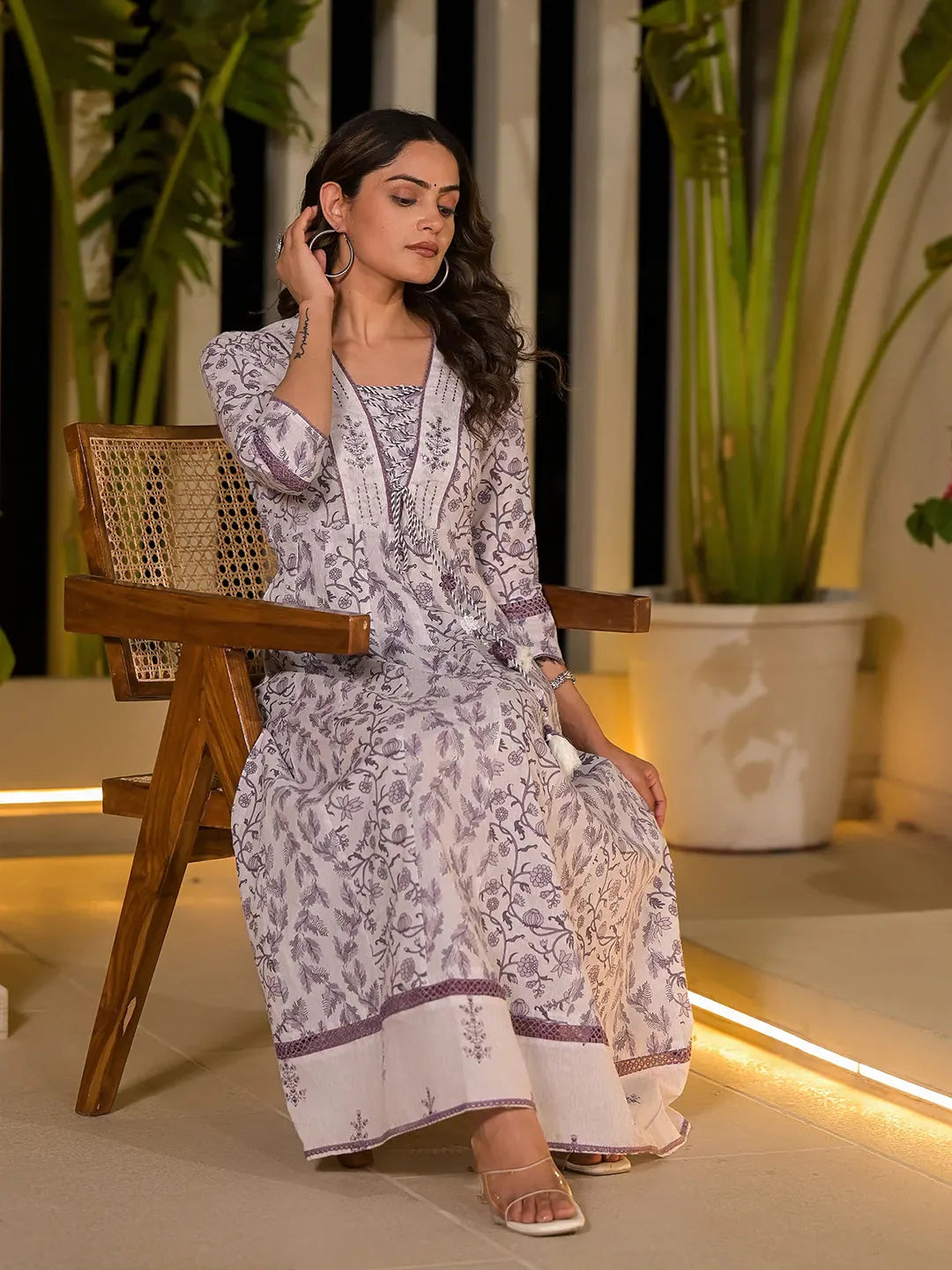 Purple Floral Print Kantha Work A Line Dori Work Dress