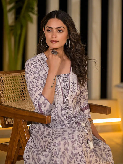 Purple Floral Print Kantha Work A Line Dori Work Dress