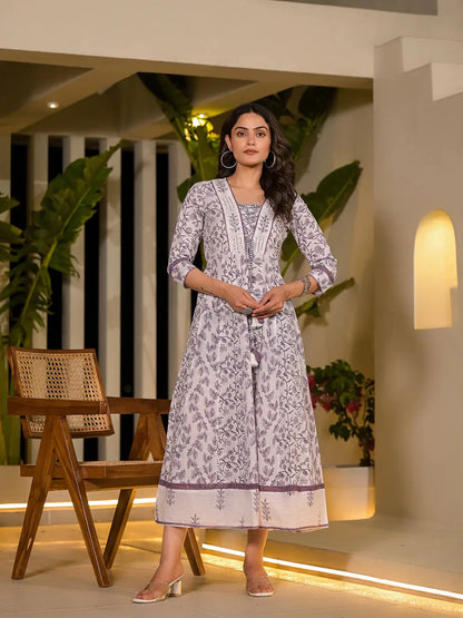 Purple Floral Print Kantha Work A Line Dori Work Dress