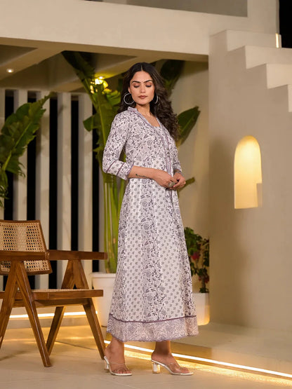 Purple Floral Print Kantha Work A Line Dress