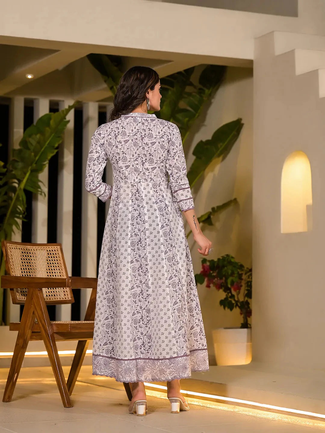 Purple Floral Print Kantha Work A Line Dress