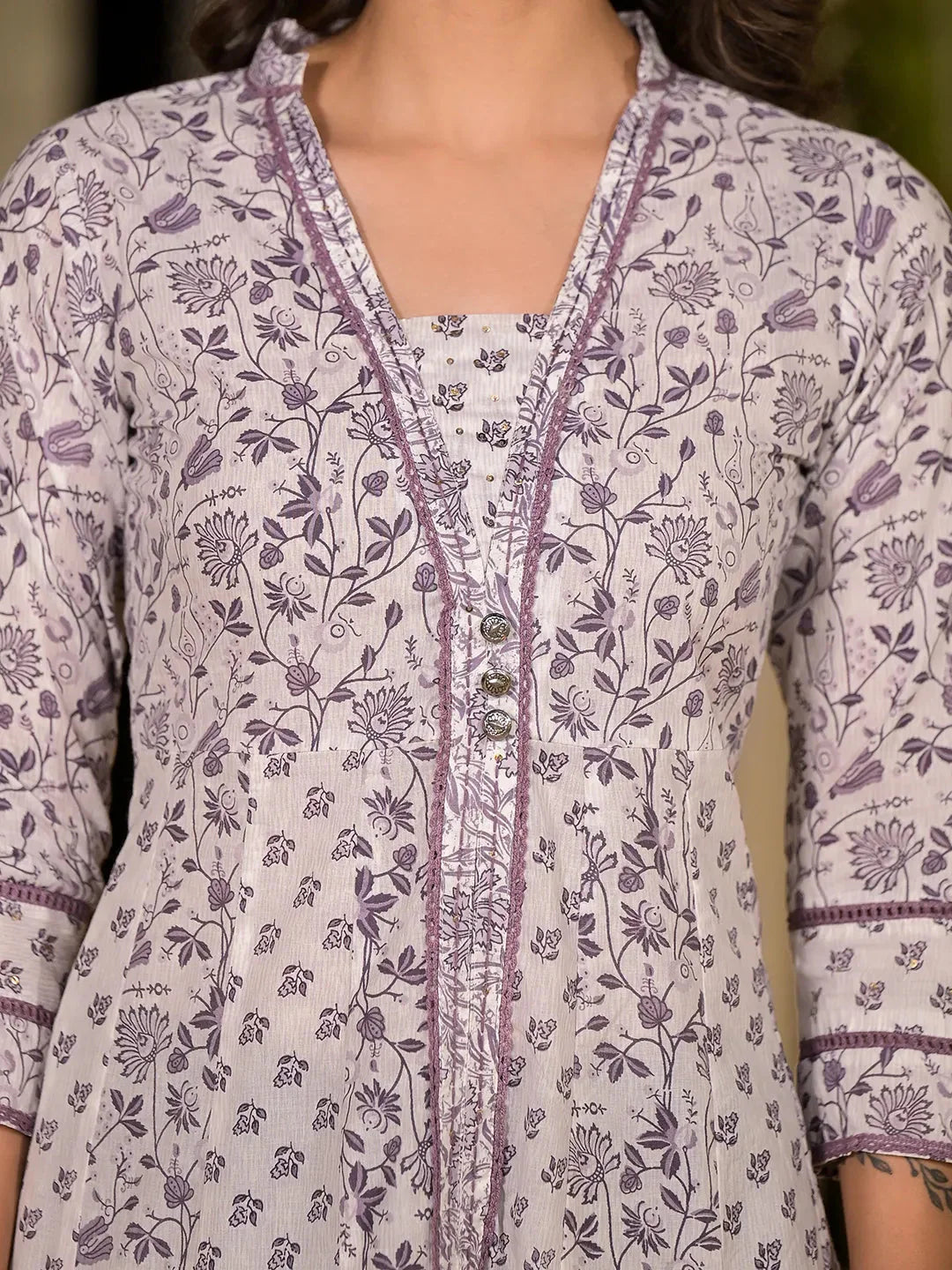 Purple Floral Print Kantha Work A Line Dress