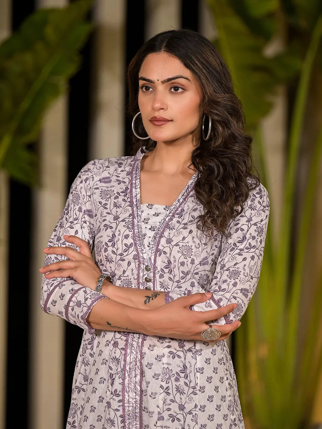 Purple Floral Print Kantha Work A Line Dress